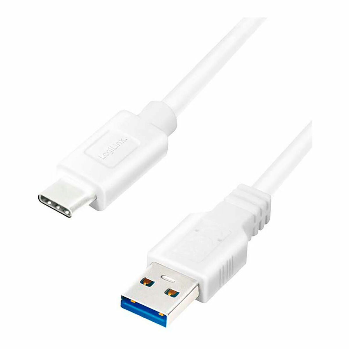 Un cavo bianco da USB-C a USB-A con connettori su entrambe le estremità.