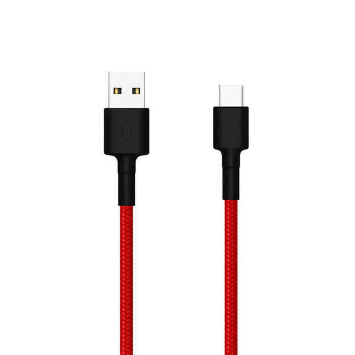 Czerwony kabel USB do Type-C z czarnymi złączami i czerwonym kablem.