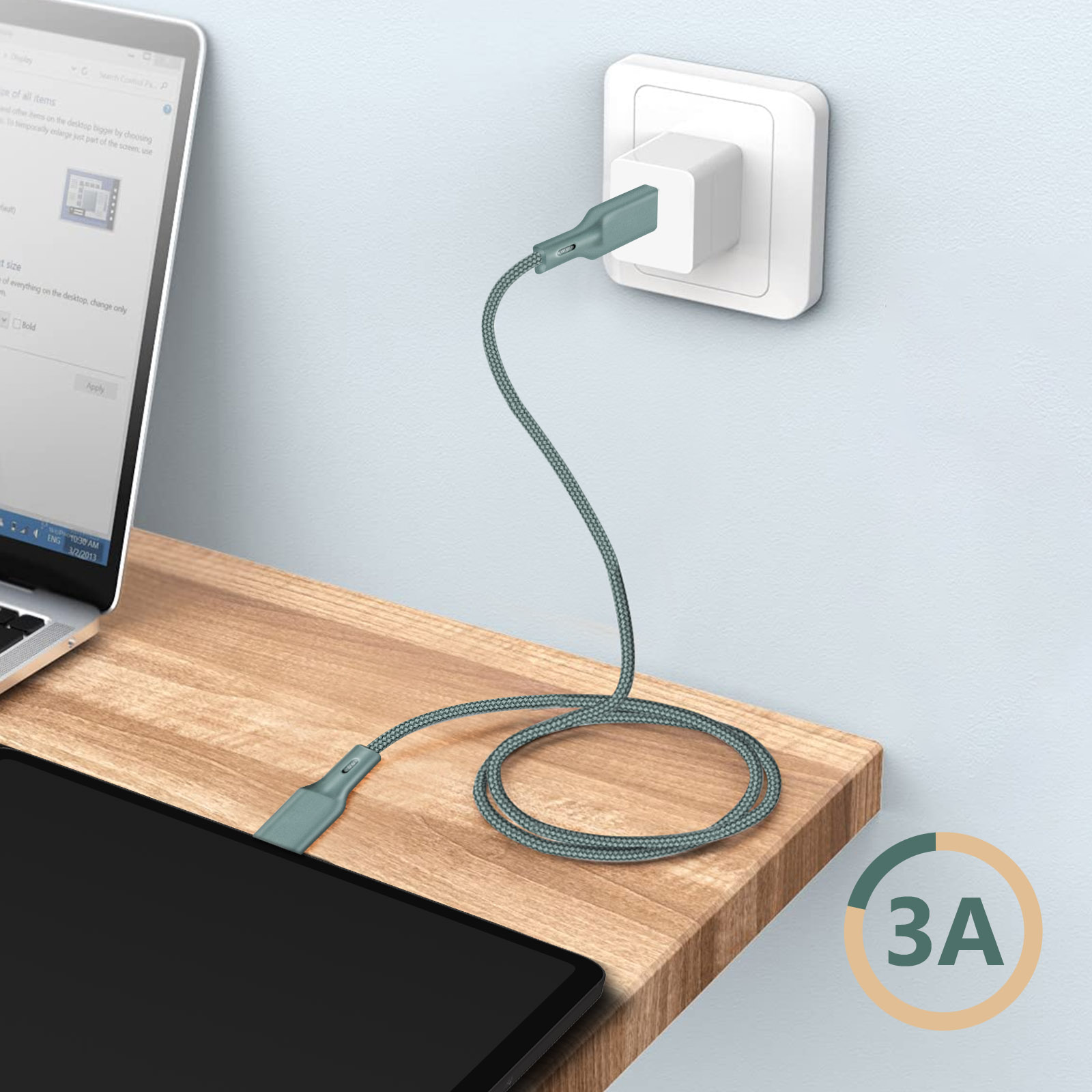 Câble de charge connecté à une prise murale et appareil.