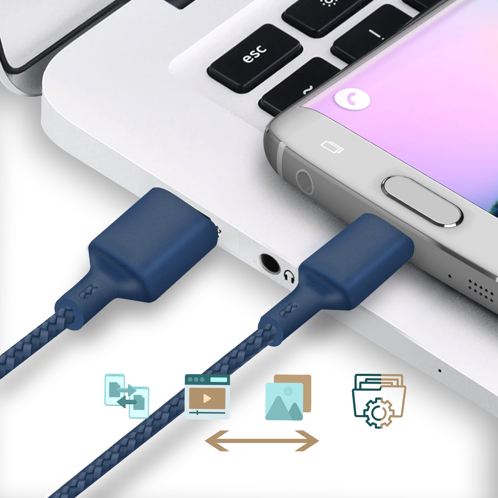 Un cavo di ricarica blu collegato a un laptop e a un telefono, con icone.