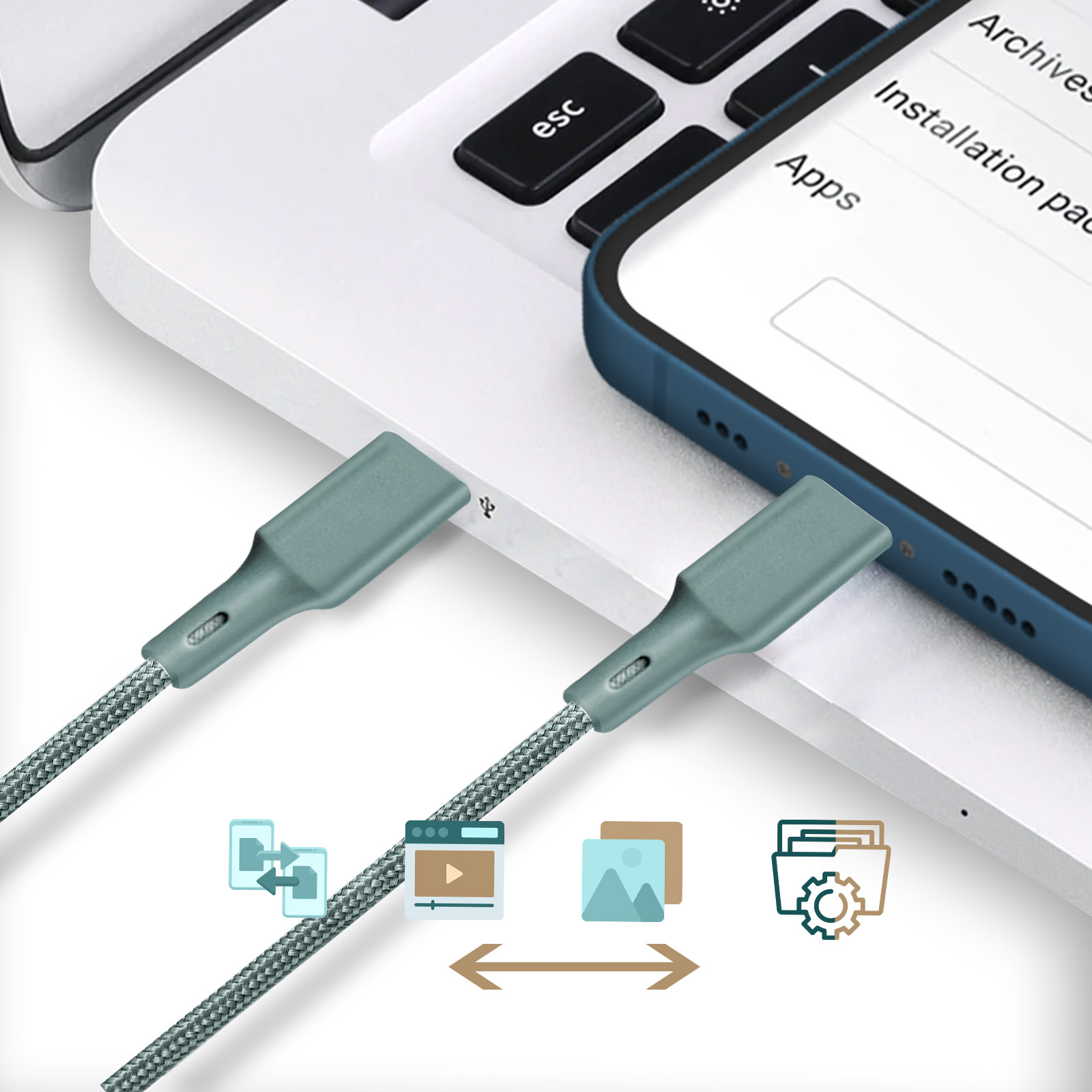 Un câble USB-C gris est branché sur un ordinateur portable et un téléphone. Icônes de transfert de données affichées.