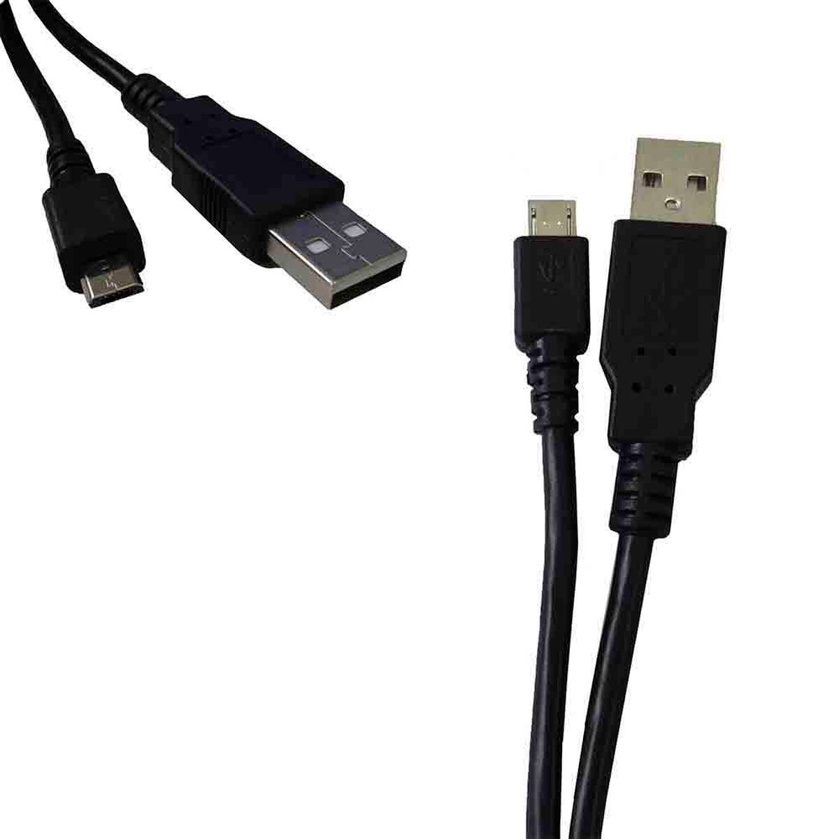Primer plano de dos cables USB, uno USB a micro USB y otro USB a mini USB, ambos negros.