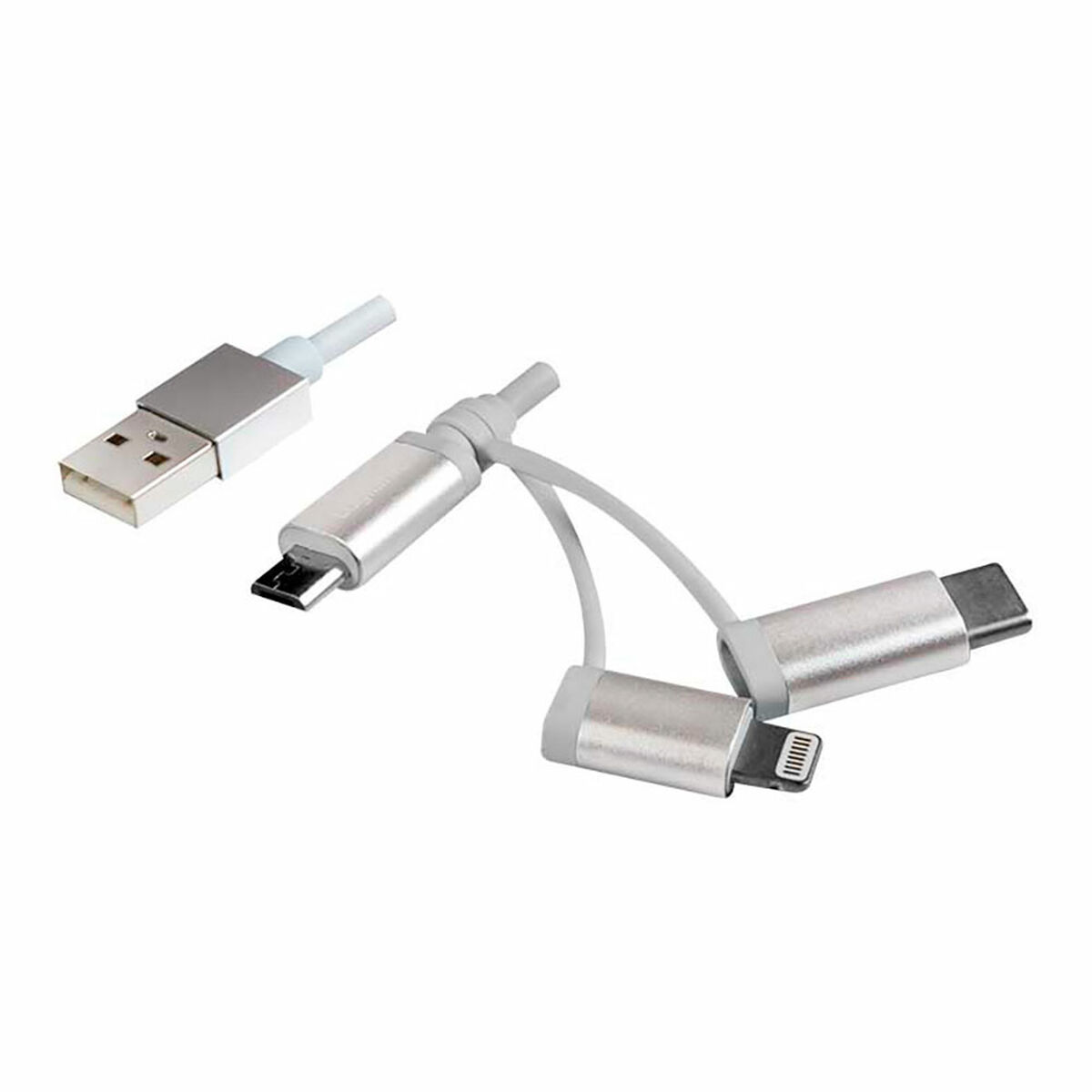 Cavi USB argentati con tre diversi tipi di connessione: USB, Micro-USB e Lightning.