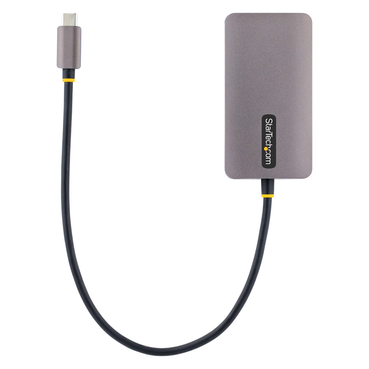 Un concentrador y cable USB-C gris con el logotipo de StarTech.com.