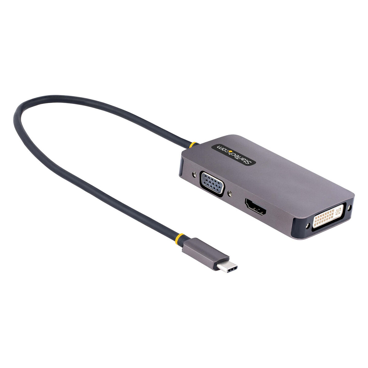 Un adaptador USB-C gris con múltiples puertos y un cable negro.