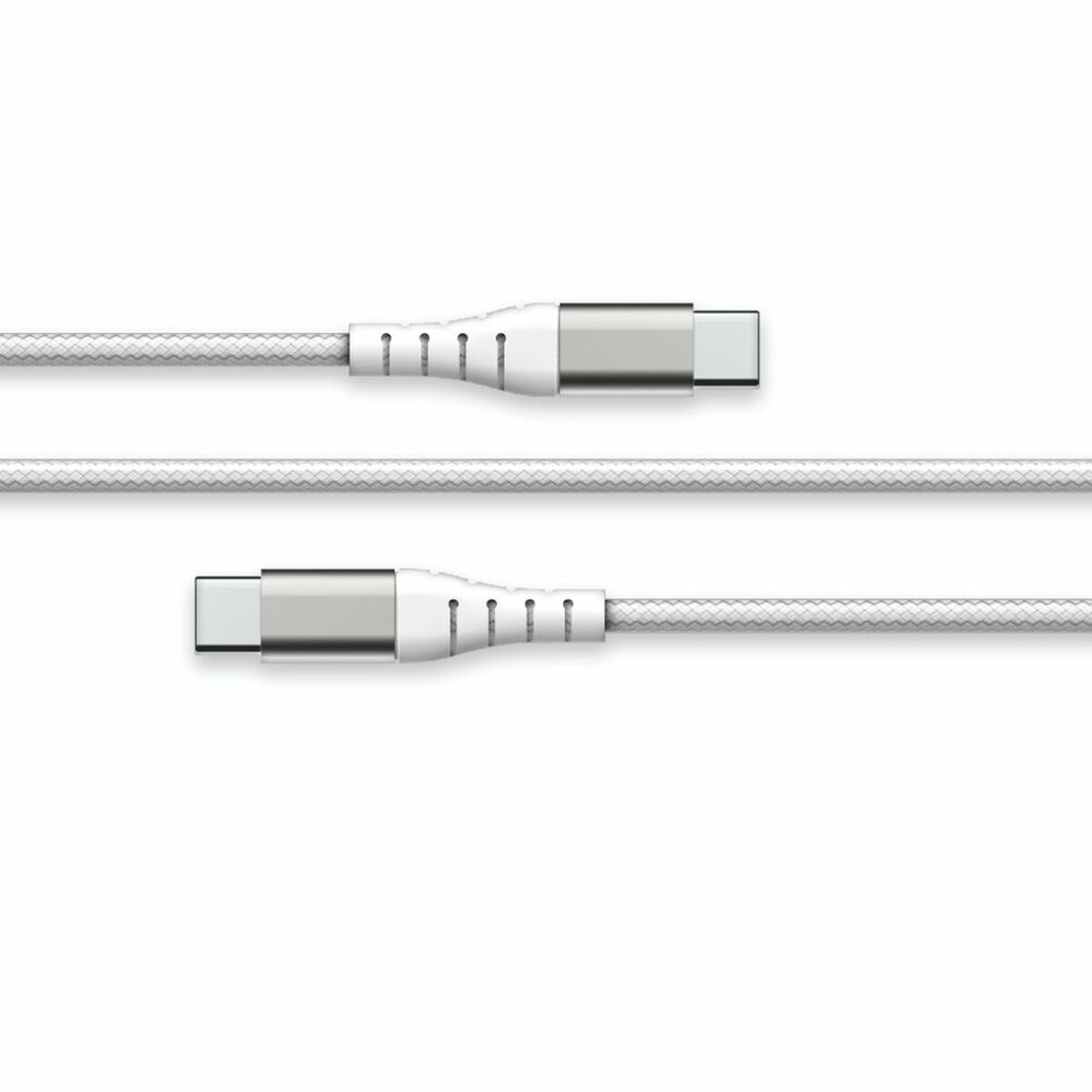 Due cavi di ricarica USB-C bianchi, ciascuno con un connettore argentato, su sfondo bianco.
