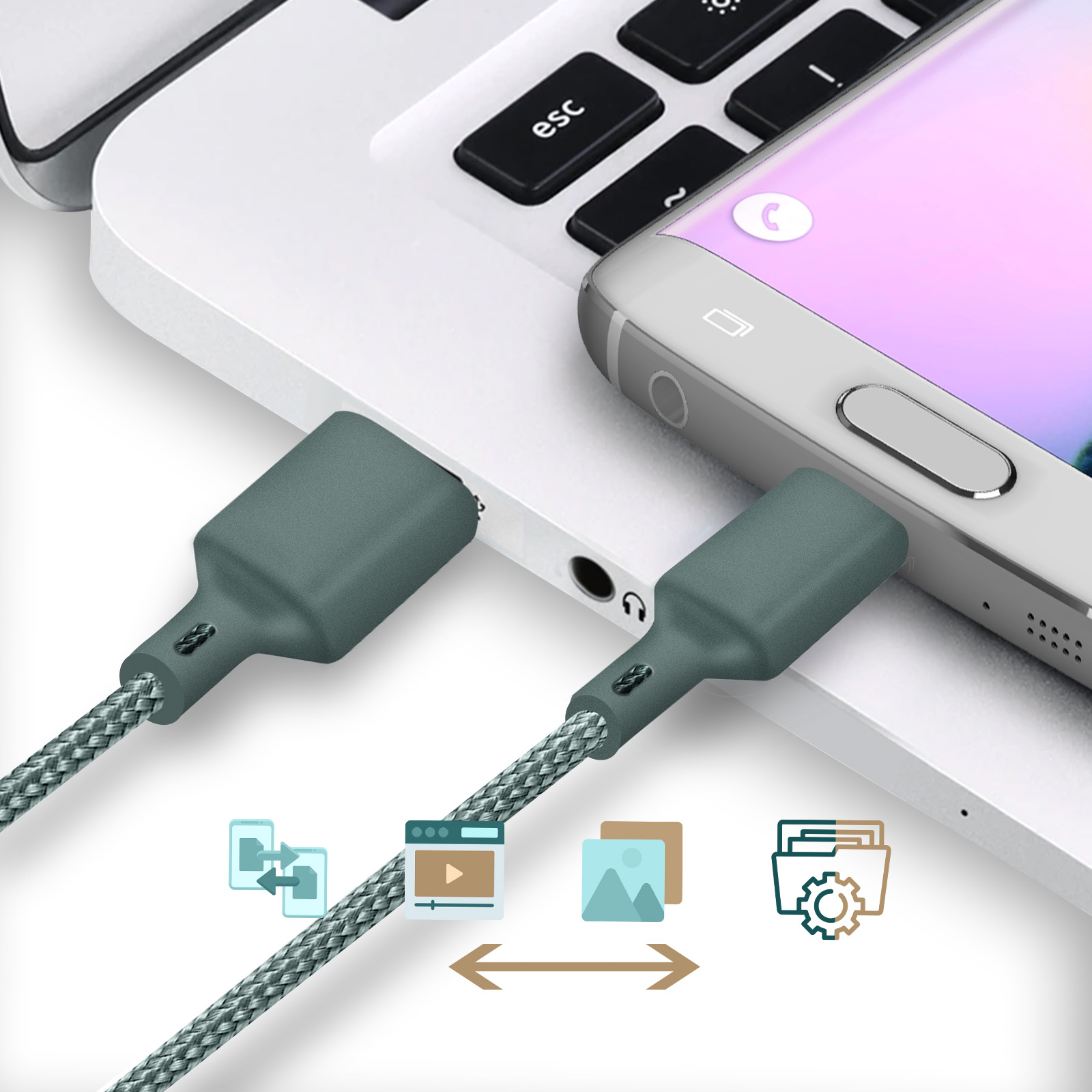 Un telefono è collegato a un cavo. Il cavo ha due connessioni. Lo schermo del telefono è visibile.