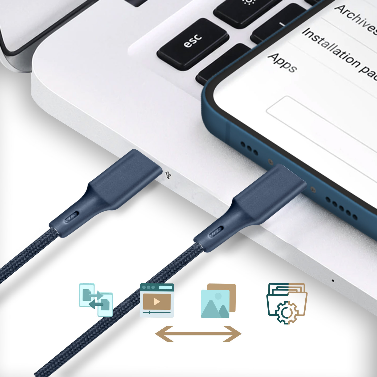 Ein blaues Ladekabel, das ein Telefon und einen Laptop verbindet, mit Symbolen für die Datenübertragung.