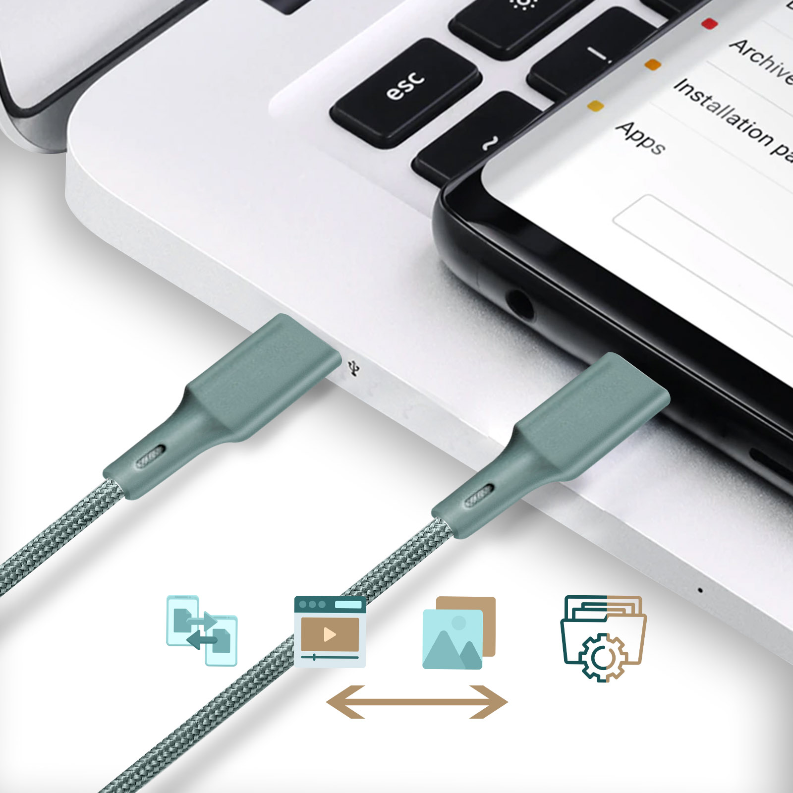 Due cavi USB-C grigi che collegano laptop e smartphone, con icone di trasferimento dati.