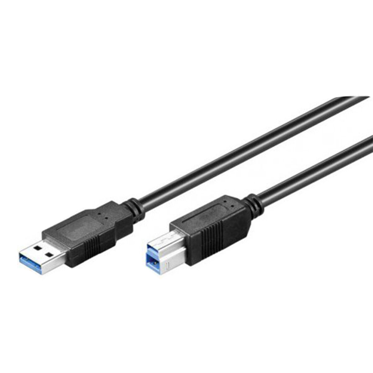 Cavo USB 3.0 nero, connettori blu. Sfondo bianco.