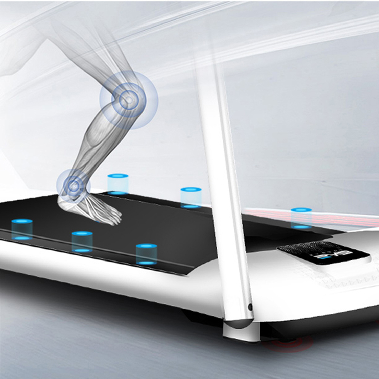 Treadmill with a runner's leg and diagram overlay. Blue highlights show joints and the treadmill.