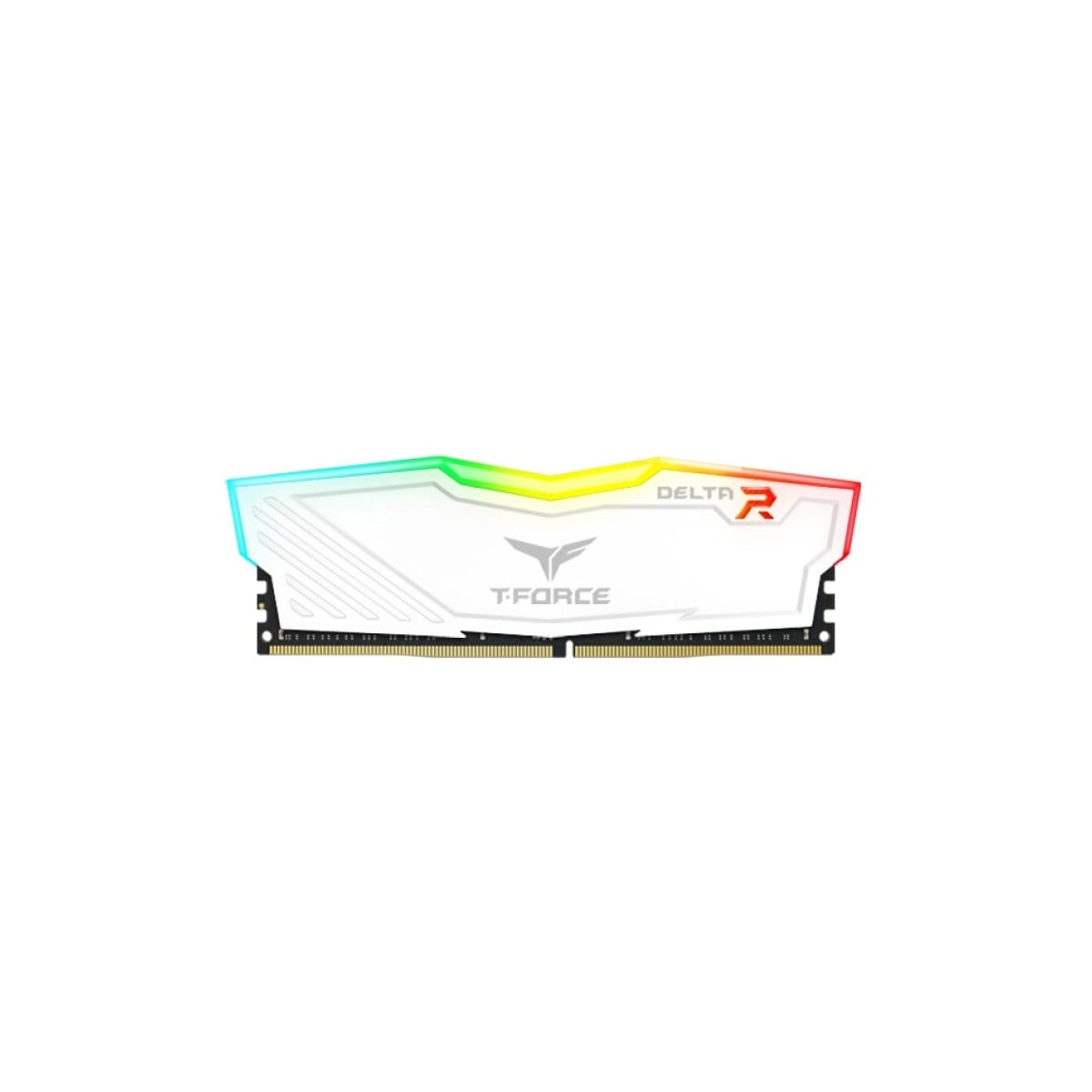 Un modulo RAM T-Force Delta R bianco con illuminazione RGB colorata, su sfondo bianco.