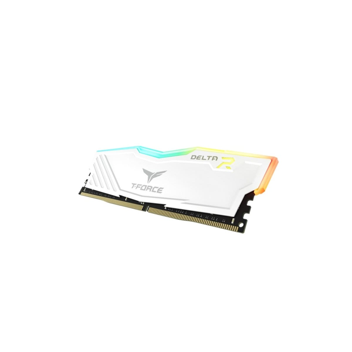 Un modulo RAM T-Force Delta 2 bianco con illuminazione RGB sulla parte superiore, con i loghi T-Force e Delta.