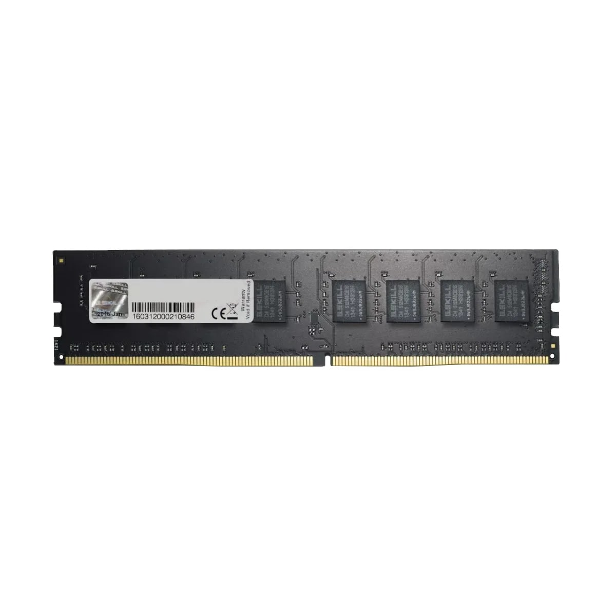 Czarny moduł RAM ze złotymi stykami, z etykietą z tekstem, na białym tle.