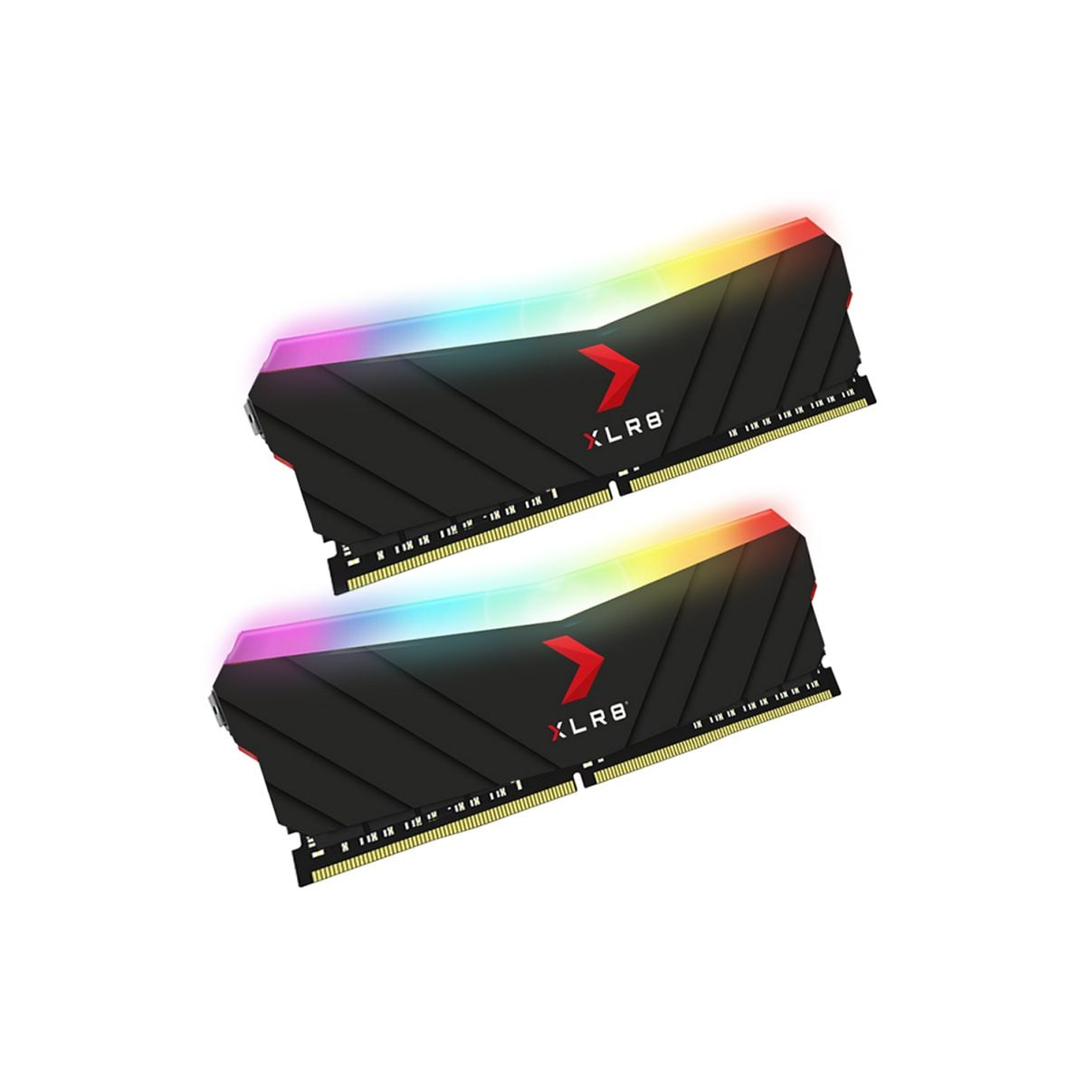 Dwa czarne moduły RAM z wielokolorowymi diodami LED, widok z góry na białym tle.