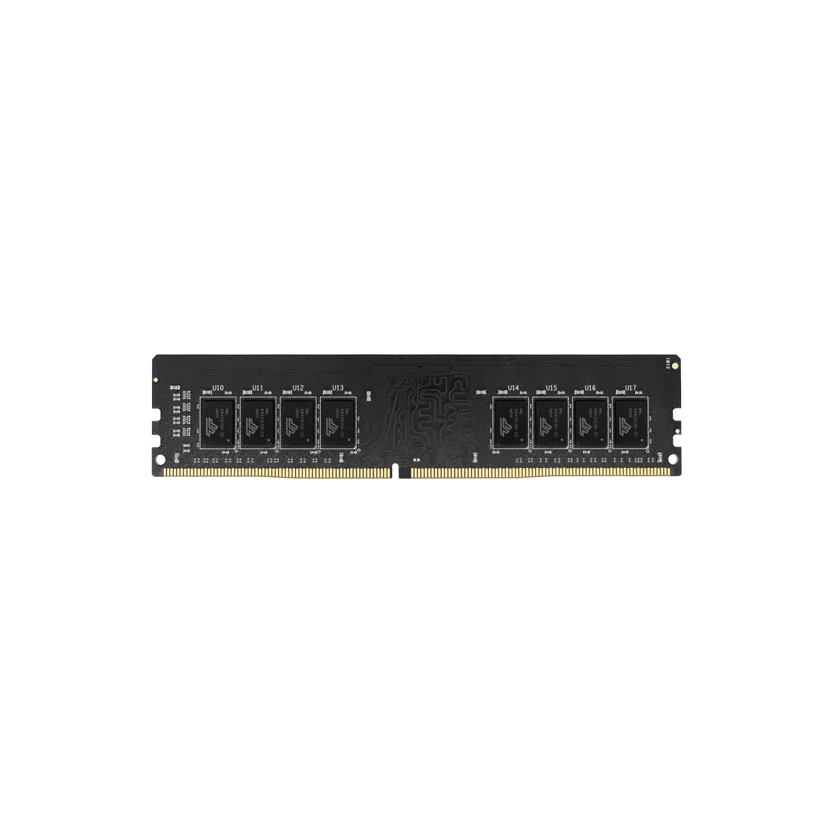Modulo di memoria RAM nero, con otto chip neri. La RAM è su sfondo bianco.