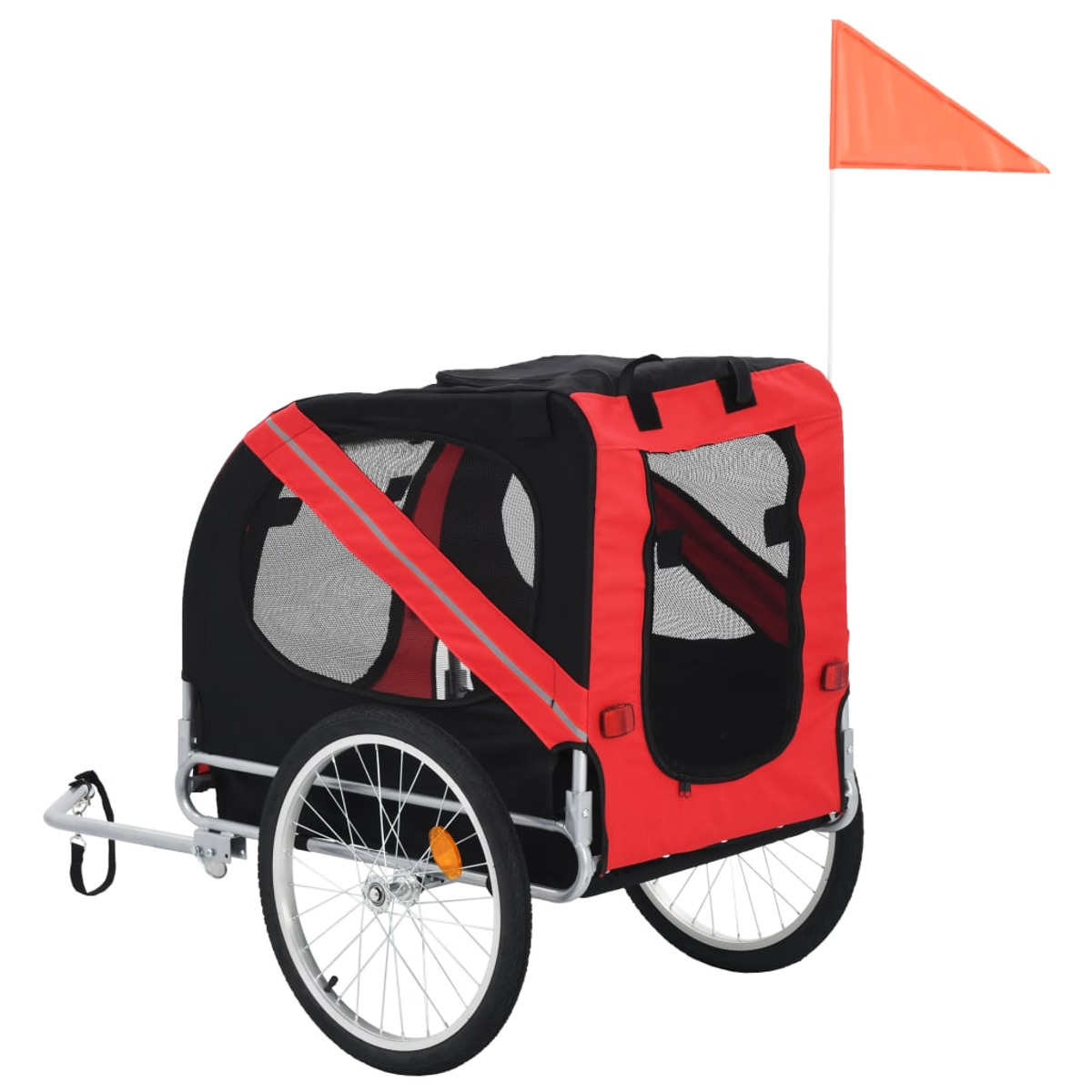 Fahrradanhänger für Haustiere, rot und schwarz. Zwei Räder, orangefarbene Fahne und Netzfenster.