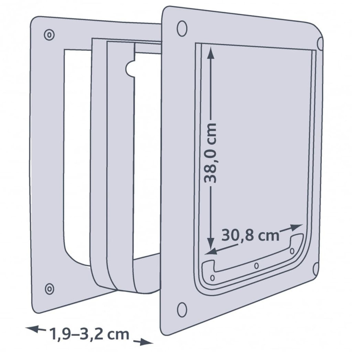 Diagramm einer rechteckigen Tür oder eines Fensters mit den Maßen 38,0 cm x 30,8 cm.
