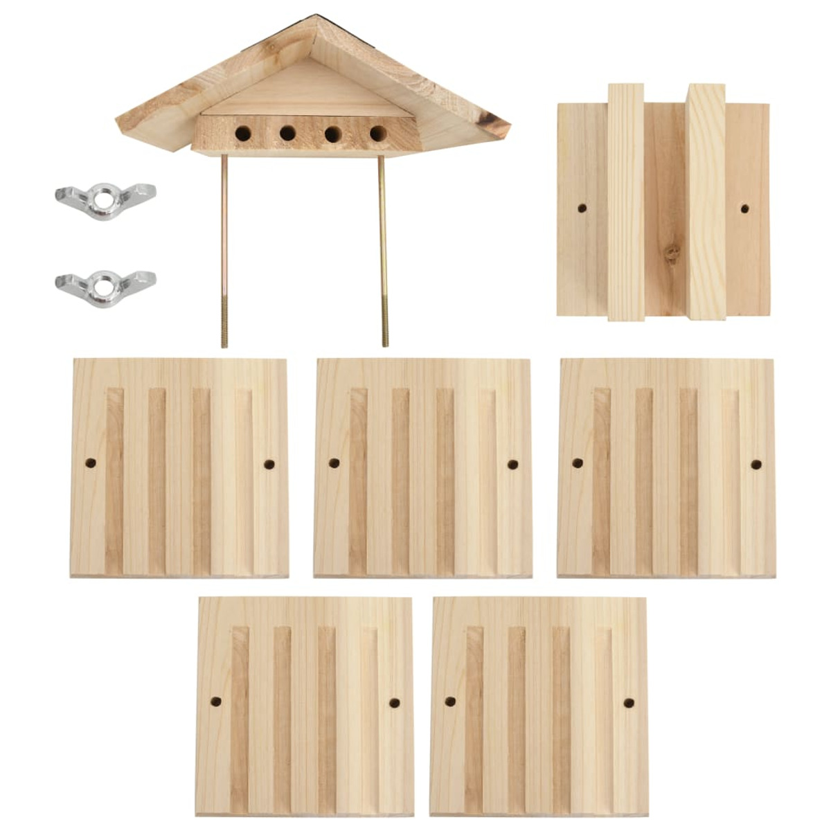Holzteile für ein Insektenhotel, einschließlich Dach, Paneele und Schrauben zur Montage.