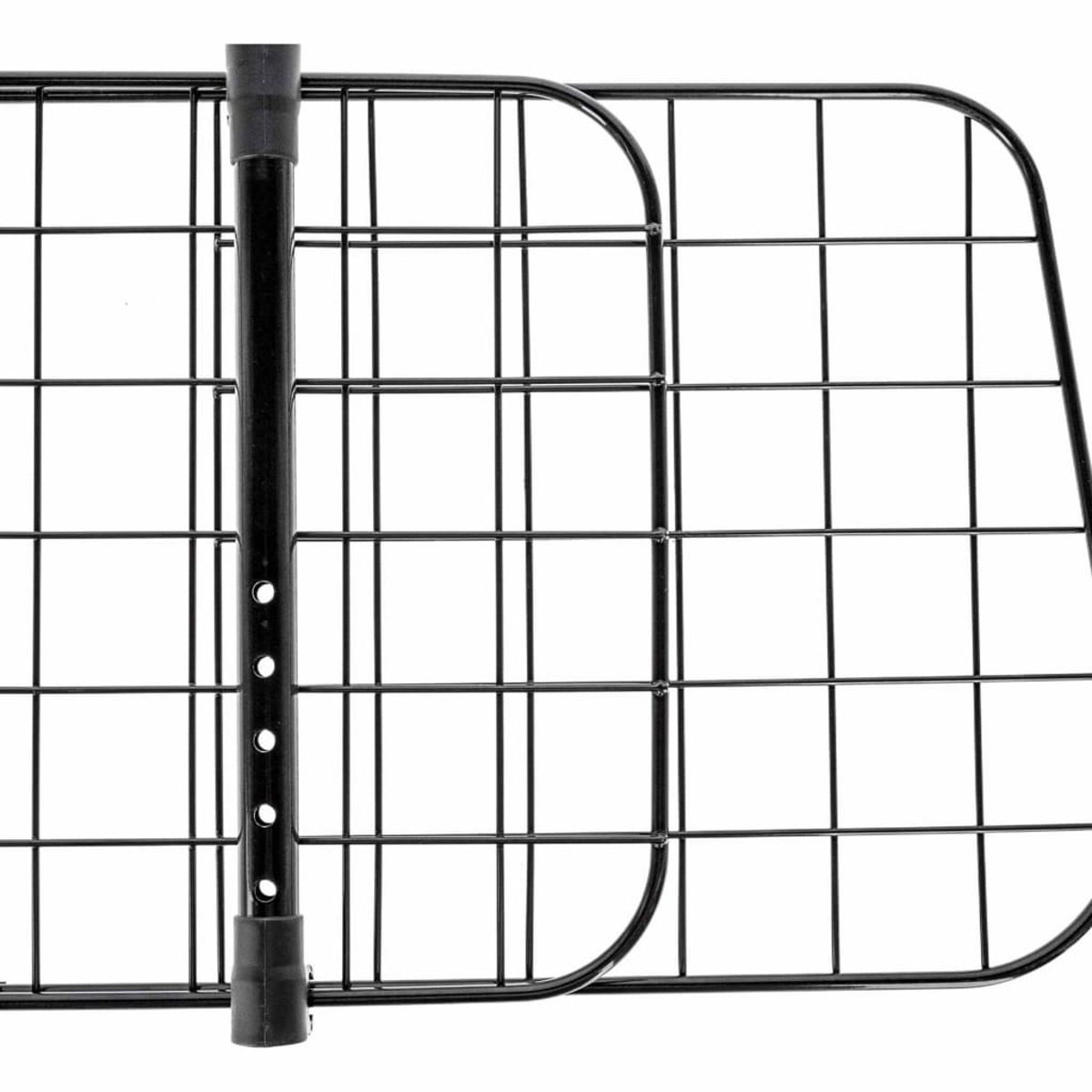 Schwarze Metall-Hunde-Autobarriere. Zeigt Gittermuster mit verstellbarer Mittelstange.