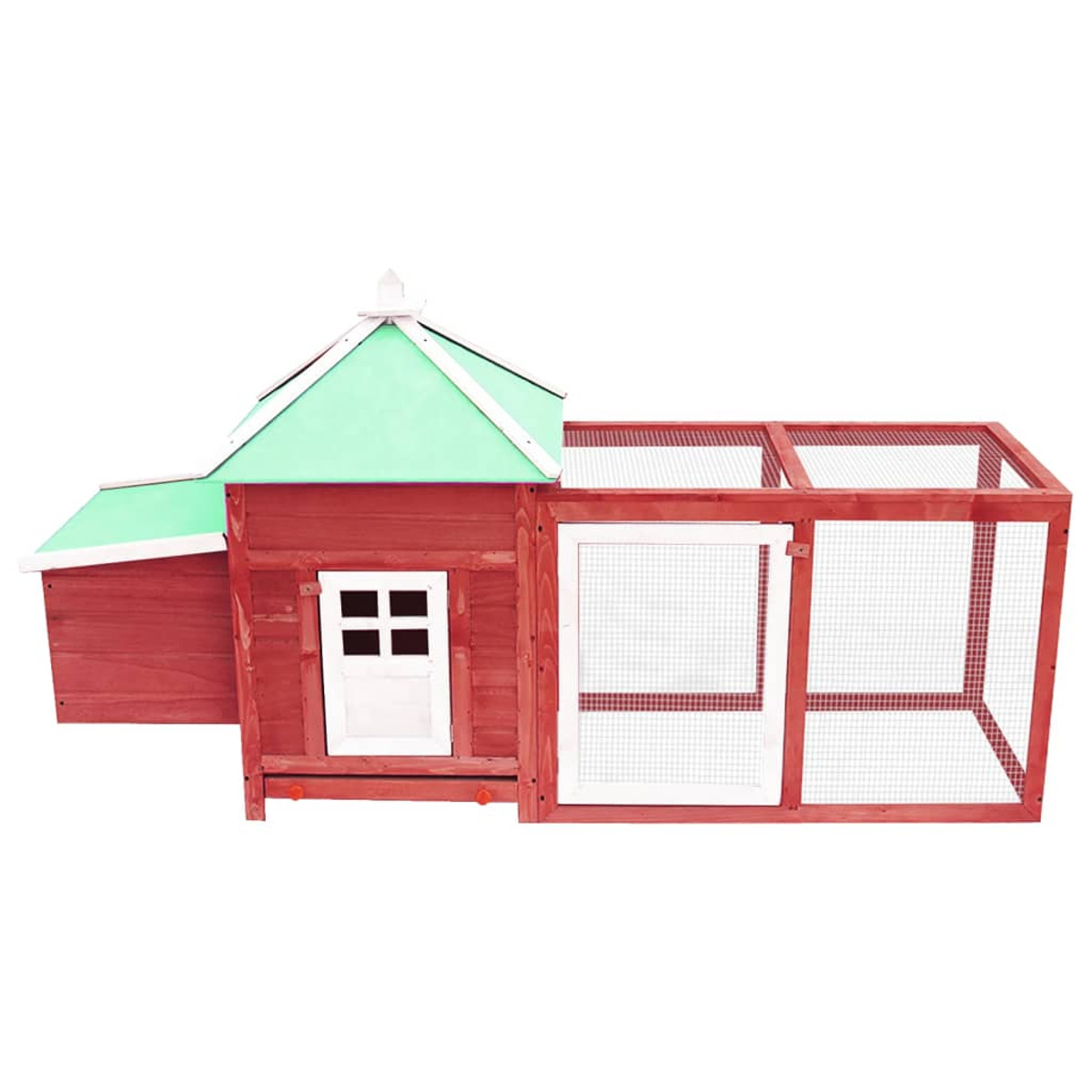 Roter Hühnerstall aus Holz mit grünem Dach und einem Drahtgittergehege.