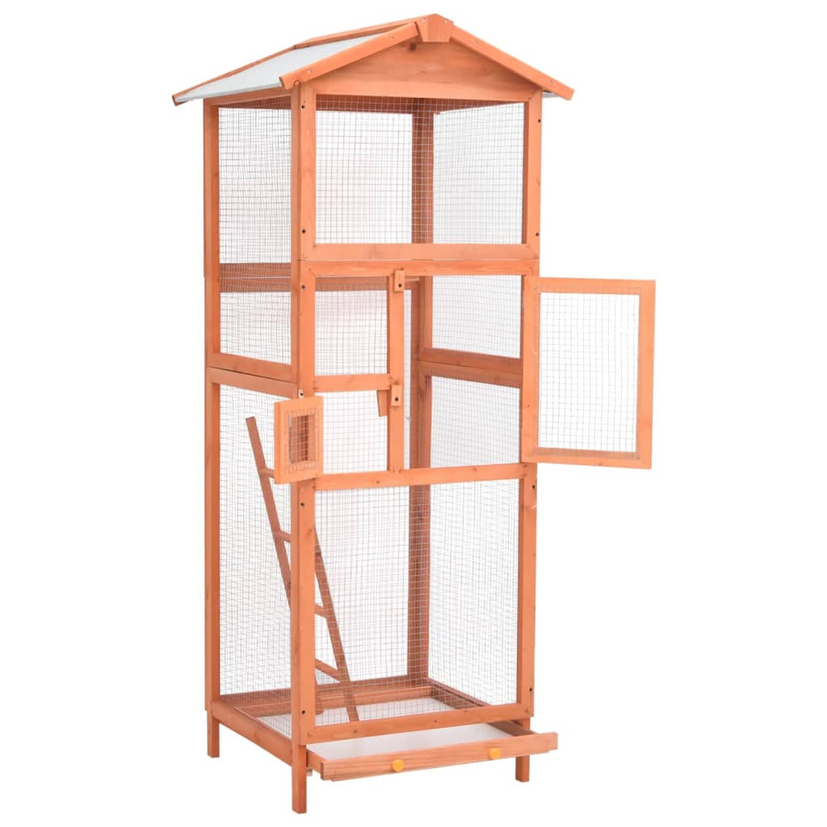 Vogelkäfig aus Holz mit offener Tür und Leiter. Der Käfig hat ein Dach und eine Schublade am Boden.