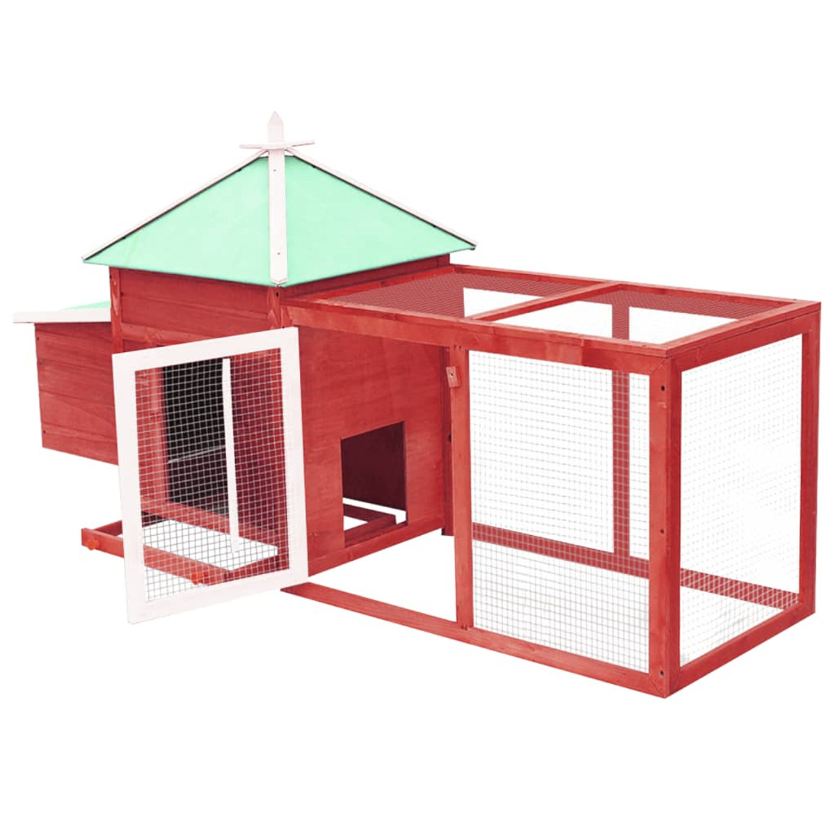 Roter und weißer Hühnerstall aus Holz mit grünem Dach, offener Tür mit Drahtgeflecht und angebautem Auslauf.