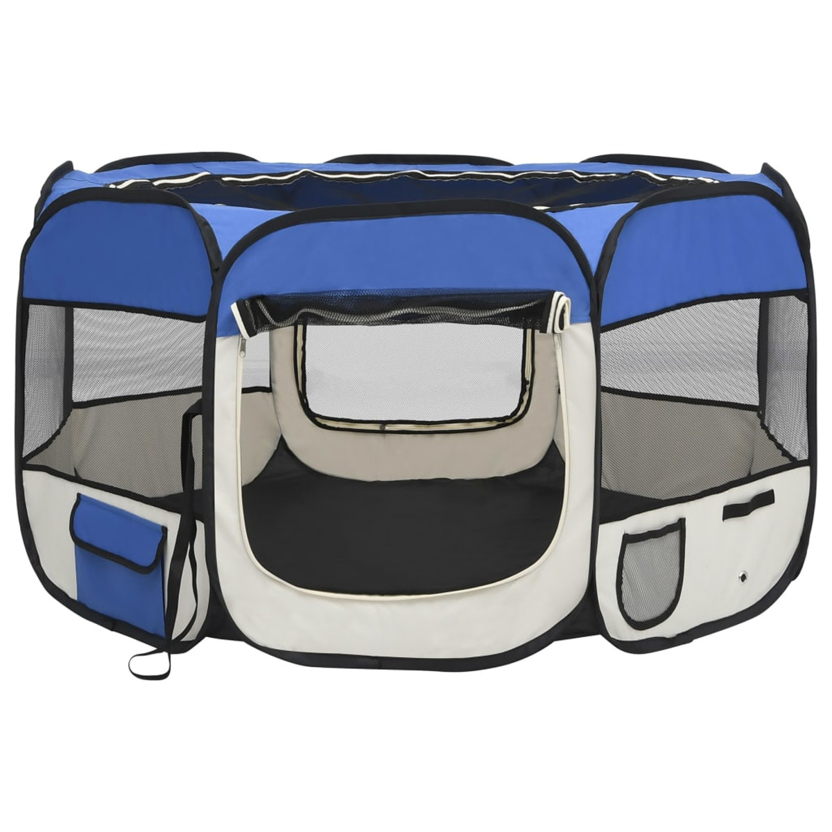 Blau-weißer Haustier-Laufstall. Er hat Mesh-Fenster und Taschen. Offen, gefaltet, blau und weiß.