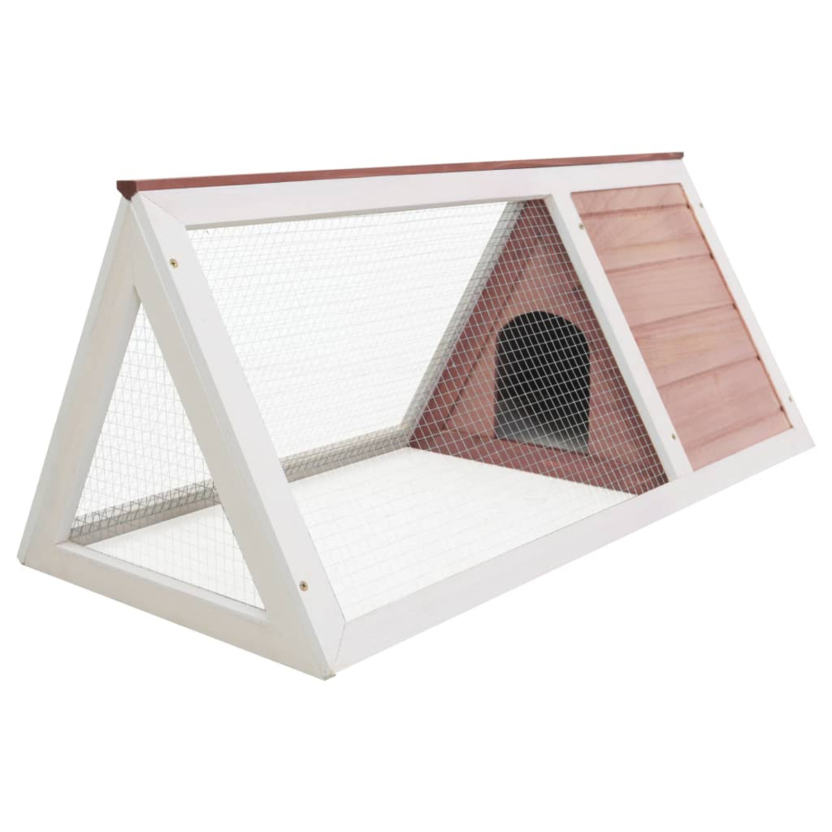 A-förmiger Holzstall mit Maschen und Holz, mit kleinem Haus und Tür.