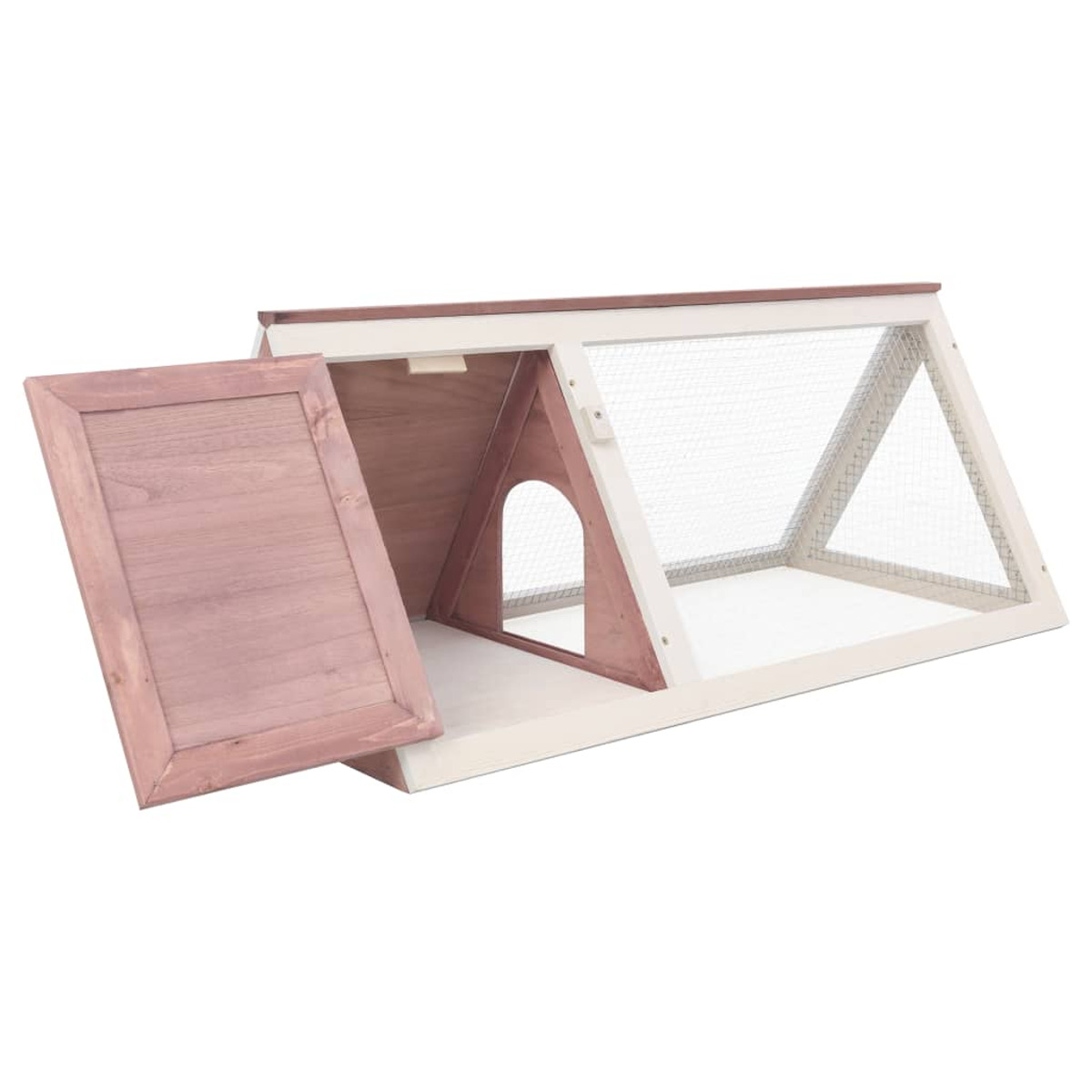 Kleiner Hühnerstall aus Holz mit offener Tür und Drahtgeflecht, mit dreieckigem Eingang.