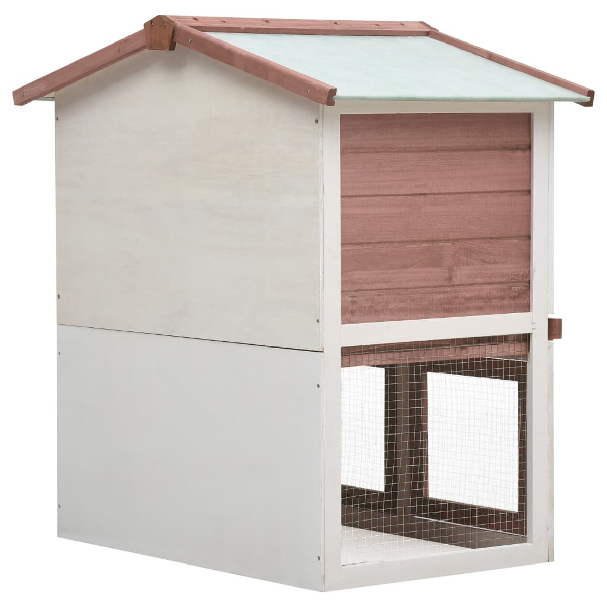 Zweistöckiger Hühnerstall aus Holz, weißer Sockel, braune Seitenverkleidung und Dach mit grünen Elementen.