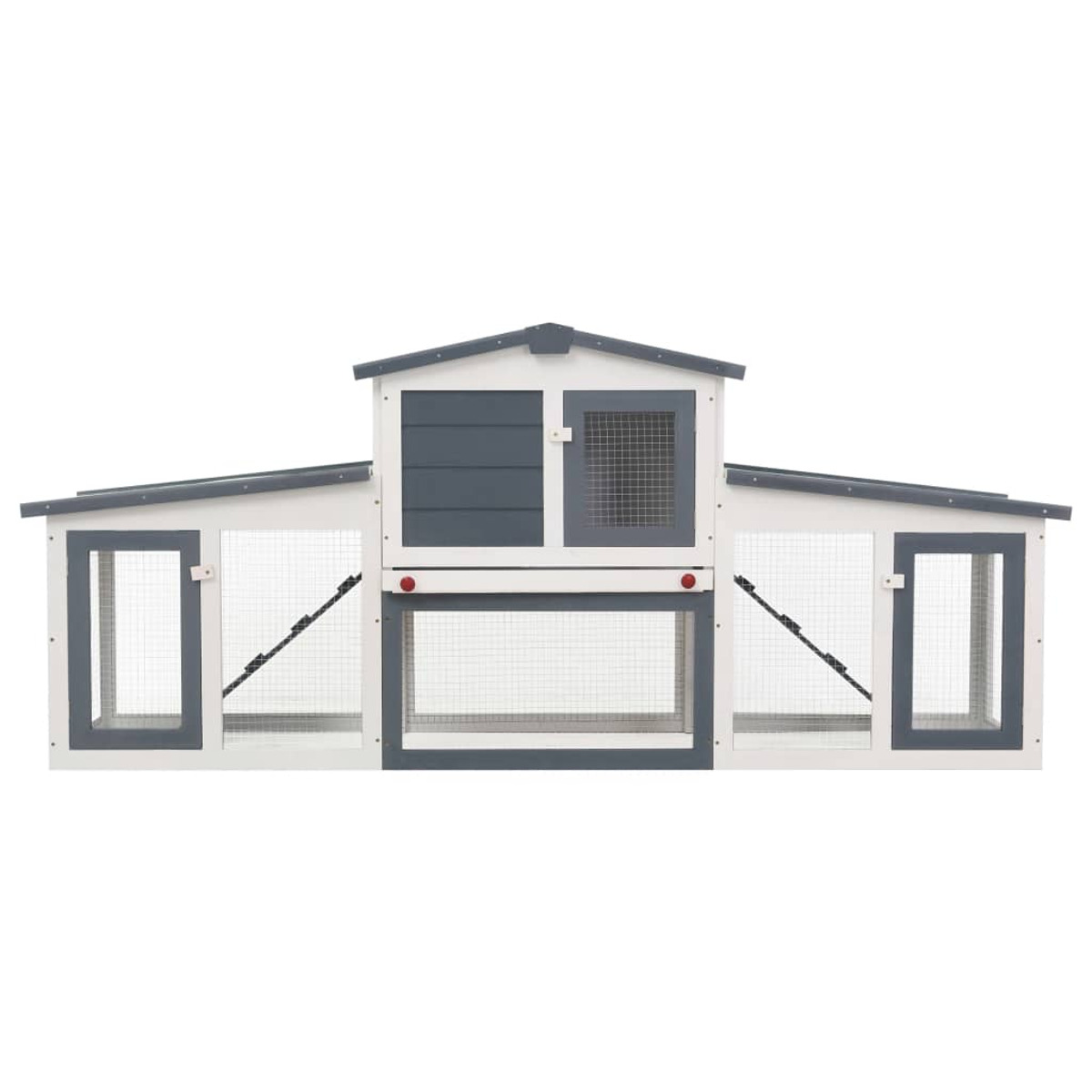 Kaninchenstall aus Holz. Weiß und grau mit Drahtgittertüren und -dach.
