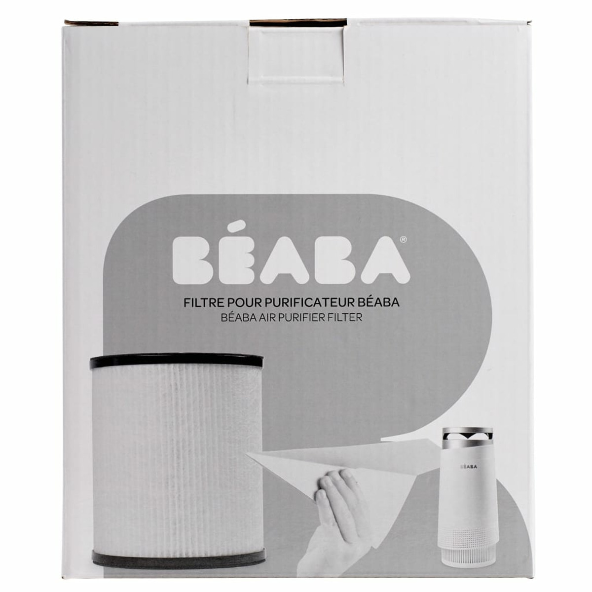 Eine weiße Box mit einem großen grauen Oval mit dem Béaba-Logo, Filter und Luftreiniger.