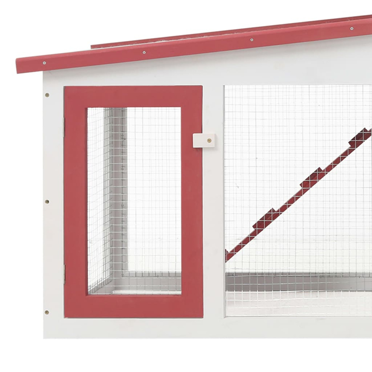 Weiß-roter Hasenstall aus Holz mit Drahtgitterfenster und rotem Dach.