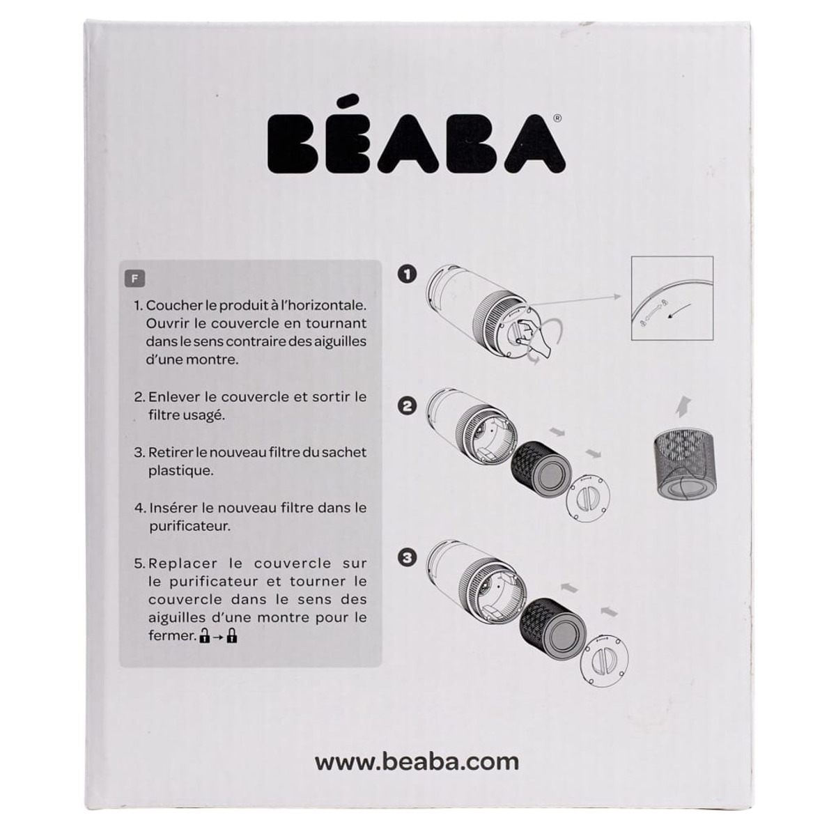 Eine Box mit Anweisungen für ein Béaba-Produkt, die Teile und Montageschritte zeigt.