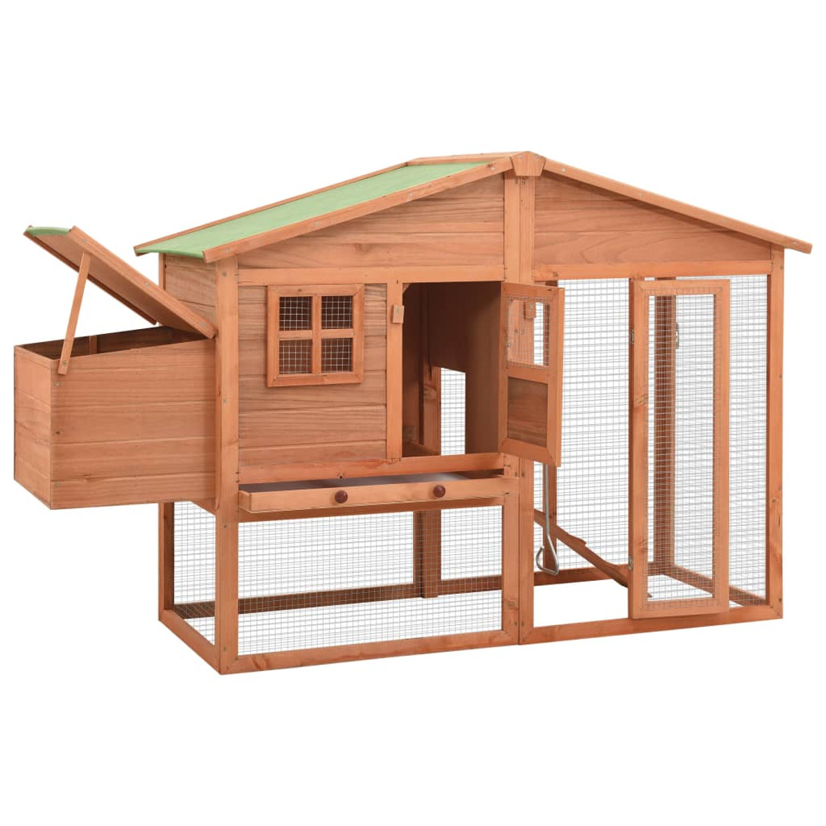 Hühnerstall aus Holz mit grünem Dach, offener Tür und Drahtgitter.