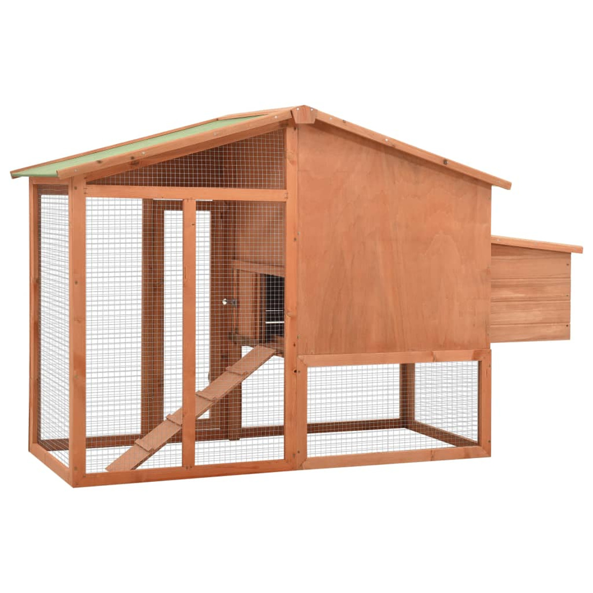 Hühnerstall aus Holz mit Drahtgeflechtwänden und einer Rampe. Grünes Dach.