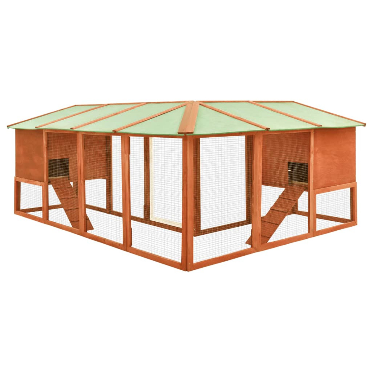 Großer Hühnerstall aus Holz mit mehreren Fächern, Rampen und grünem Dach.
