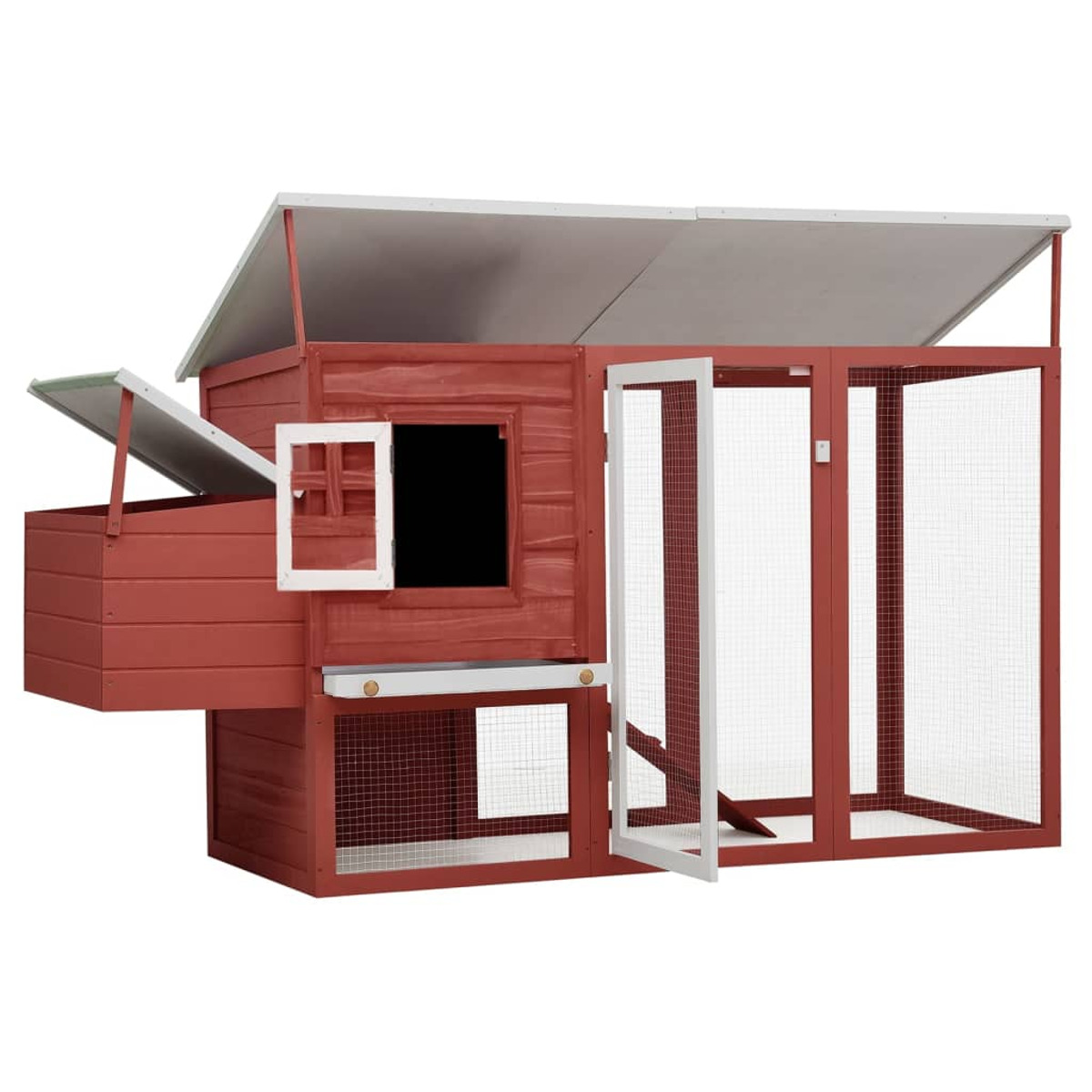 Roter Hühnerstall mit offenen Türen, Fenster und Dach. Weißer Hintergrund.
