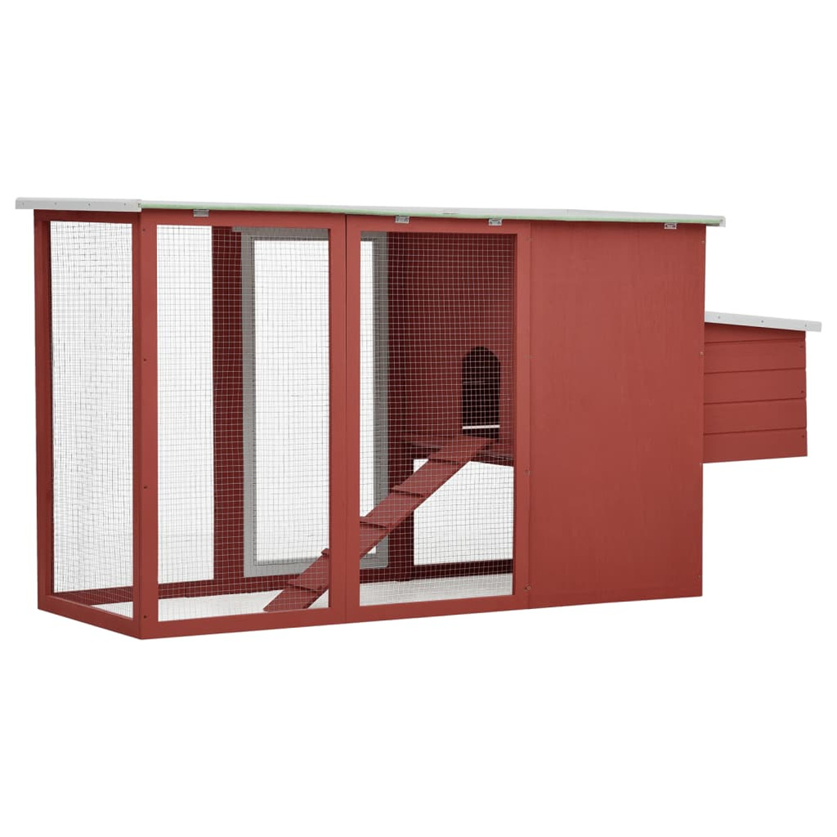 Roter Hühnerstall aus Holz mit Drahtgeflecht und kleinem Dach.