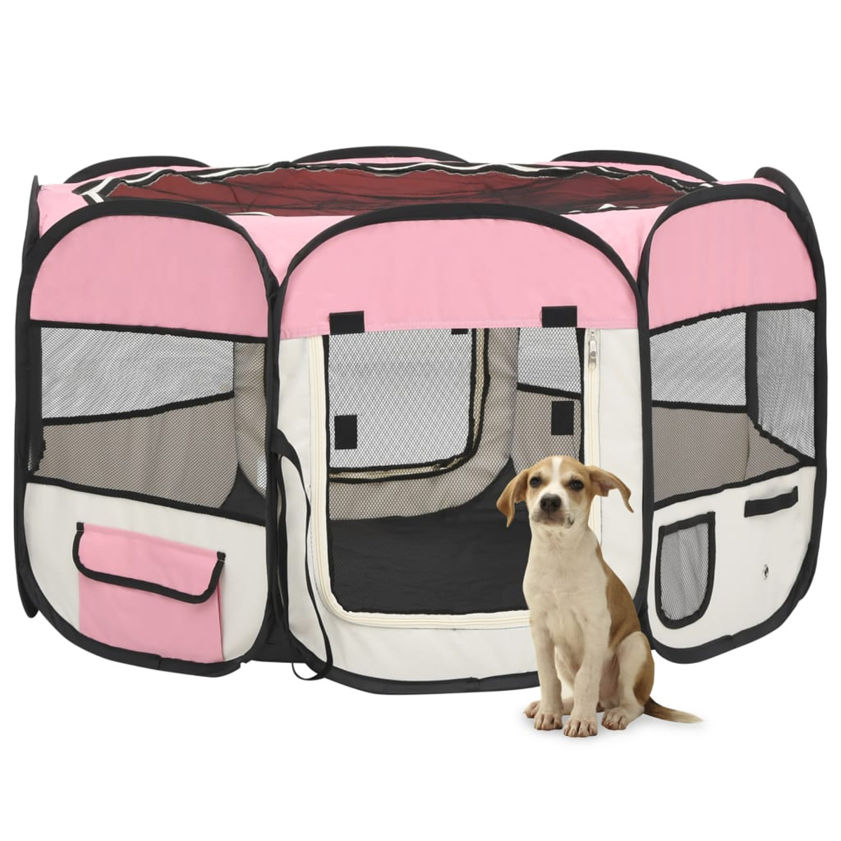 Rosa-weißer Hundeauslauf mit einem Hund, der darin sitzt.