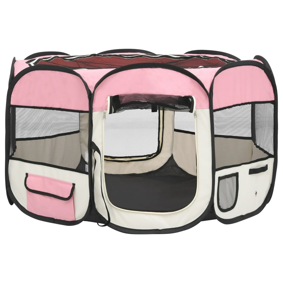 Ein rosa-weißer Haustier-Laufstall mit Gittern, offen, auf einer weißen Oberfläche.