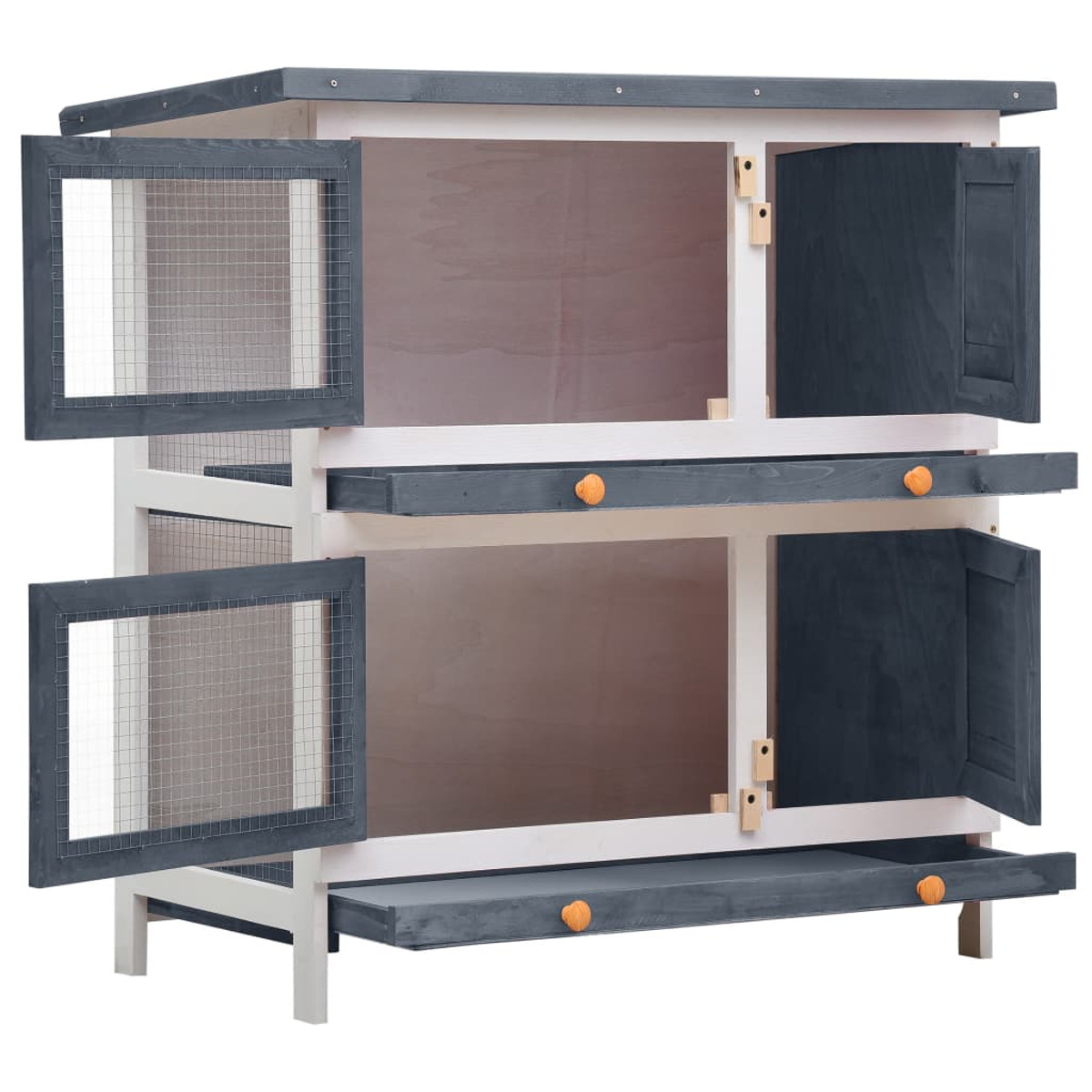 Ein großer Kaninchenstall, offen mit zwei Ebenen. Der Stall ist weiß, grau und holzfarben.
