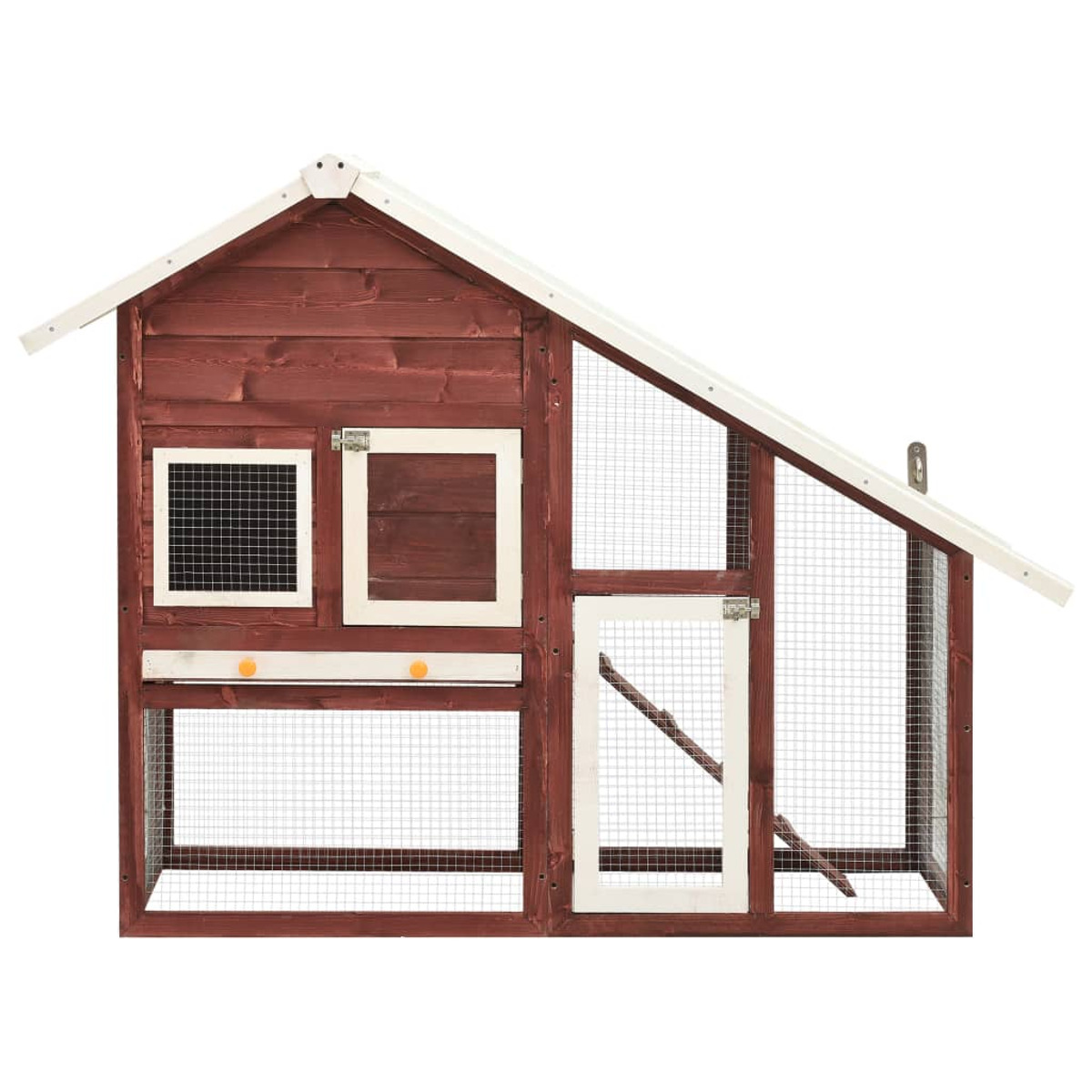 Hühnerstall aus Holz mit Schrägdach, Drahtgitterfenstern und -tür. Rot und weiß lackiert.