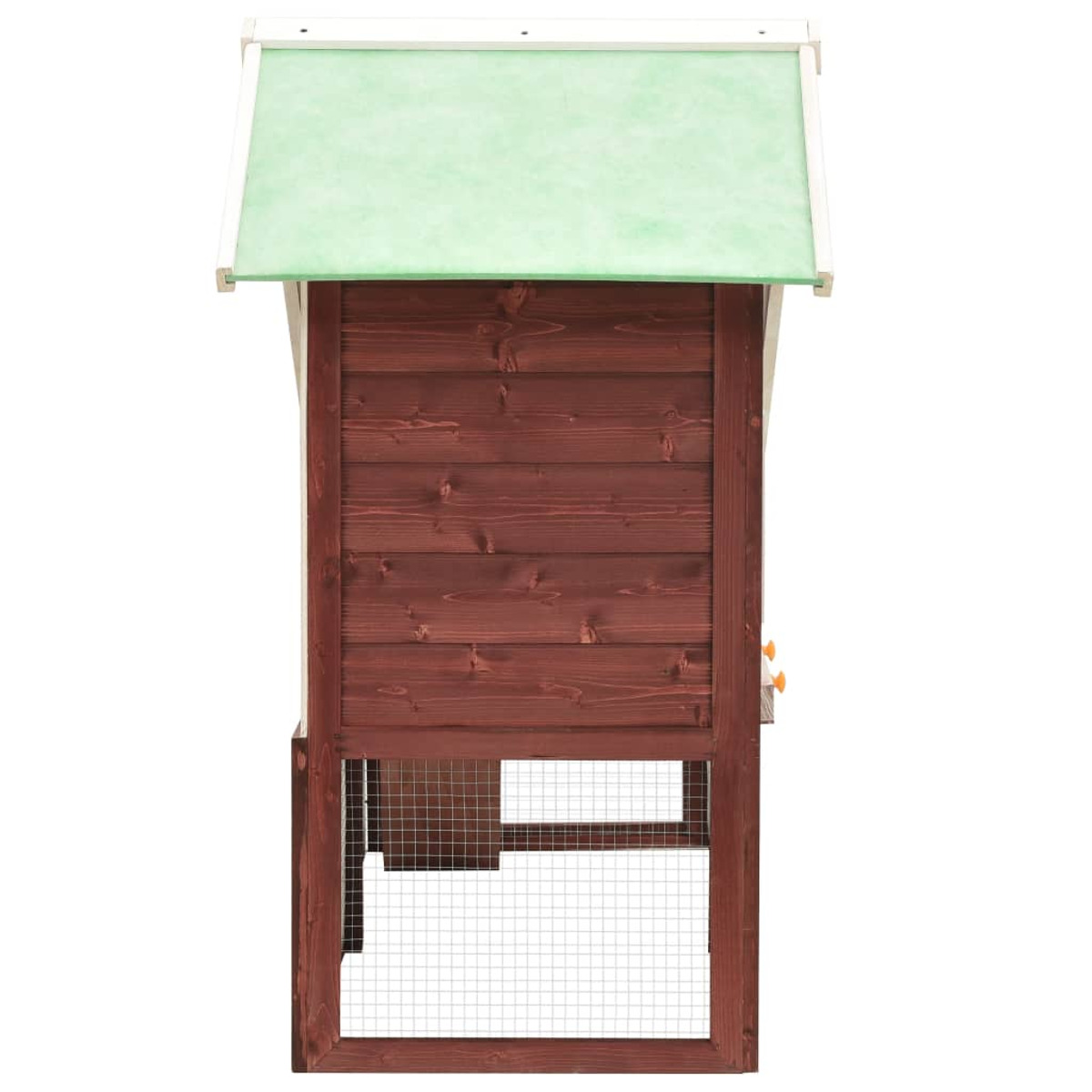 Hühnerstall aus Holz mit grünem Dach und Drahtgeflecht.