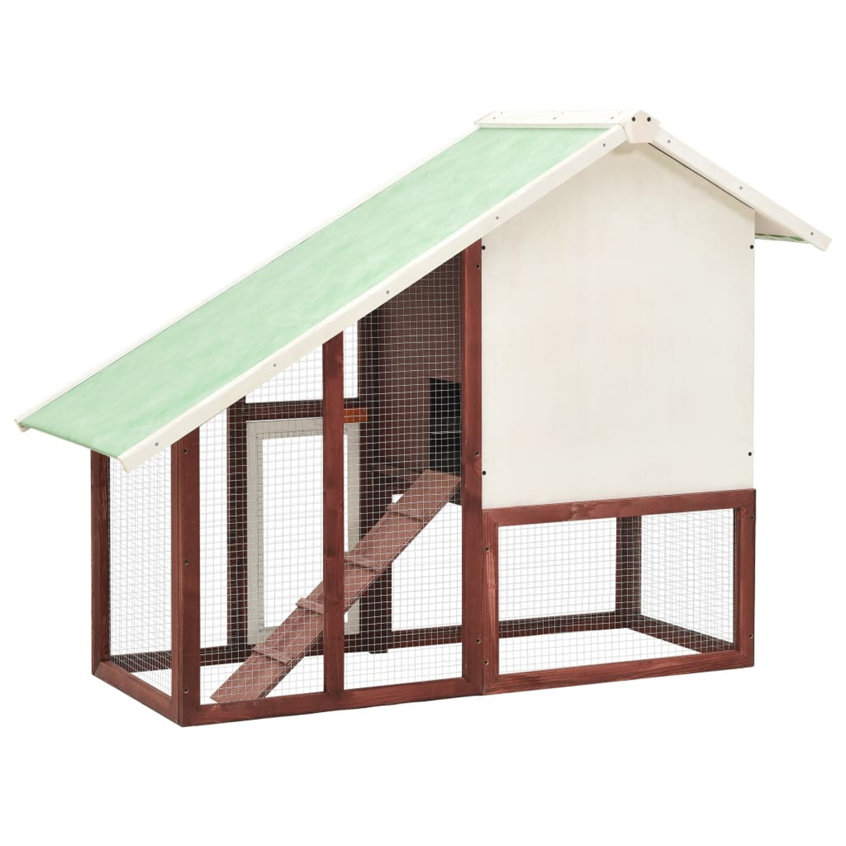 Hühnerstall aus Holz mit grünem Dach, Leiter und Drahtgeflecht.