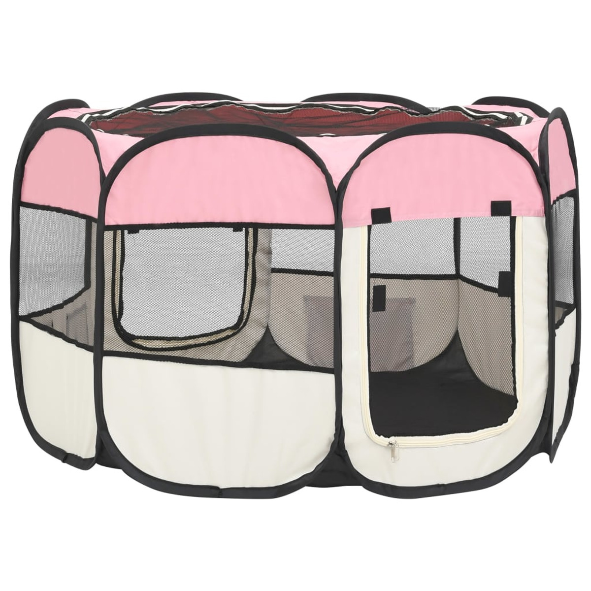 Ein rosa-weißer Haustier-Laufstall mit Netzwänden und einer Reißverschlusstür ist geöffnet.
