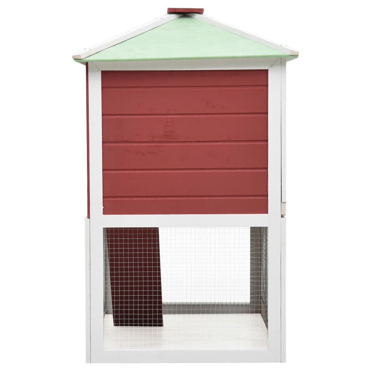 Ein roter und weißer Hühnerstall aus Holz mit grünem Dach und einem Drahtgeflecht darunter.
