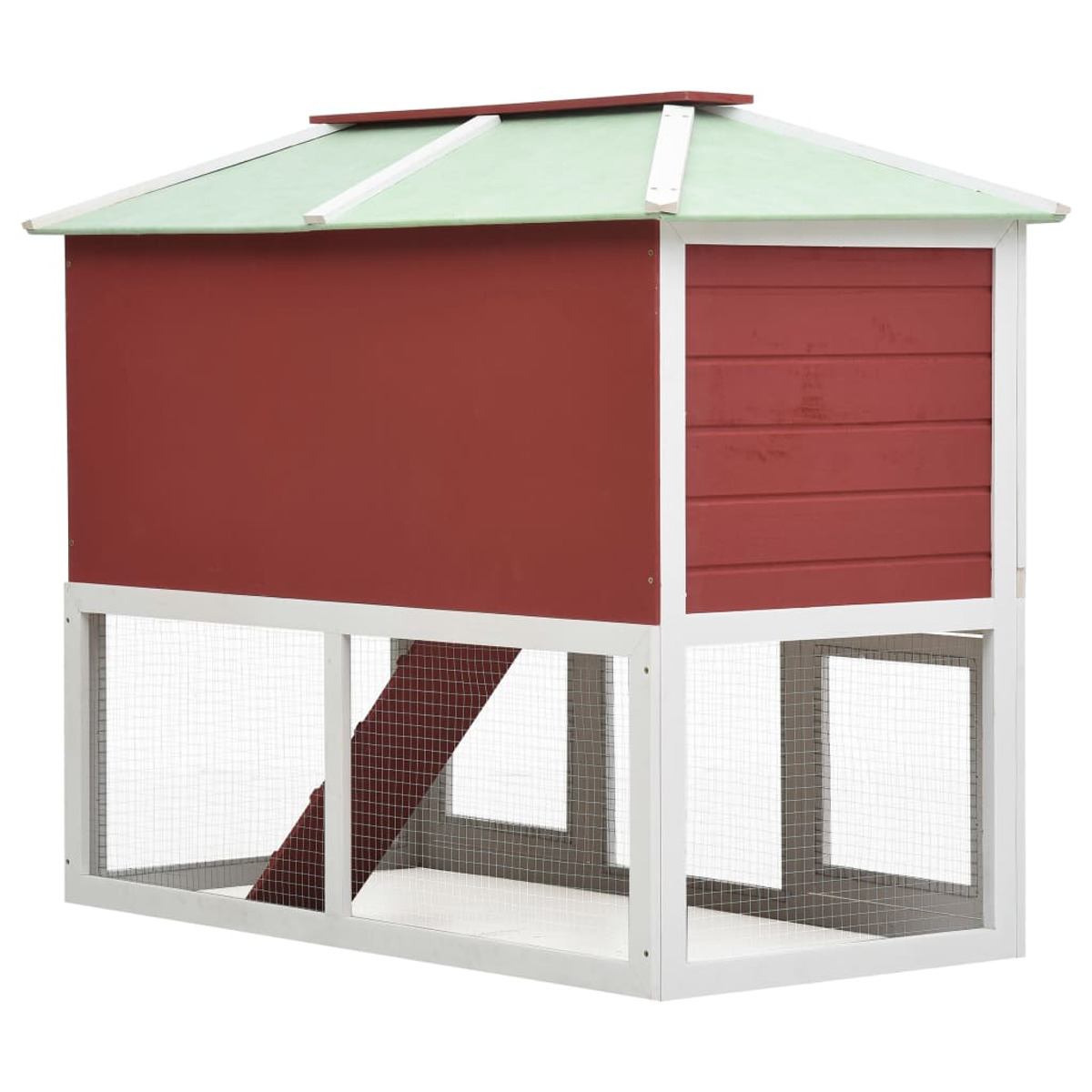 Ein rotes und weißes Kaninchenhaus aus Holz mit grünem Dach.