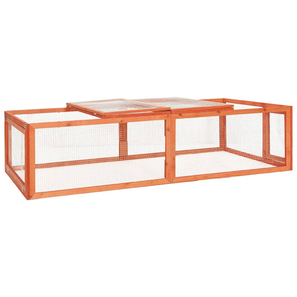 Hühnerstall aus Holz mit Drahtgitterseiten, zwei Abschnitte, auf weißem Hintergrund.